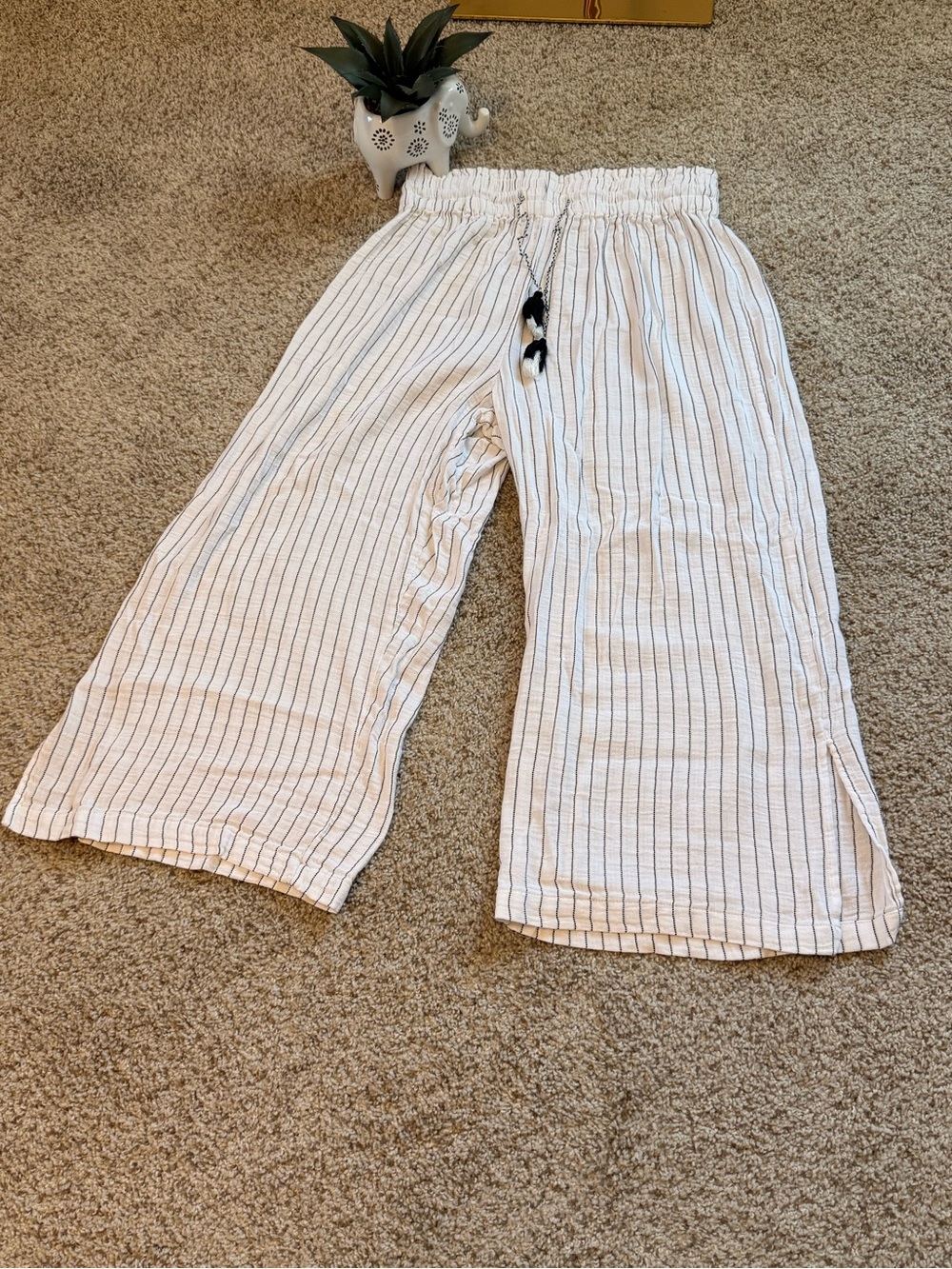 Cynthia Rowley Plus Size White Striped Wide-Leg Cropped High Rise Pants